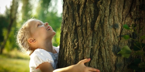 Child hugging tree